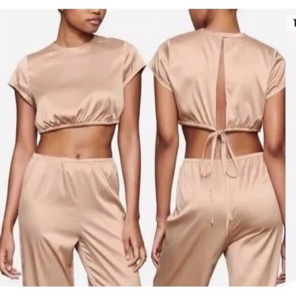 Skims Woven Shine Stretch Satin Crop Top Pink Sand Size Small - Picture 1 of 9